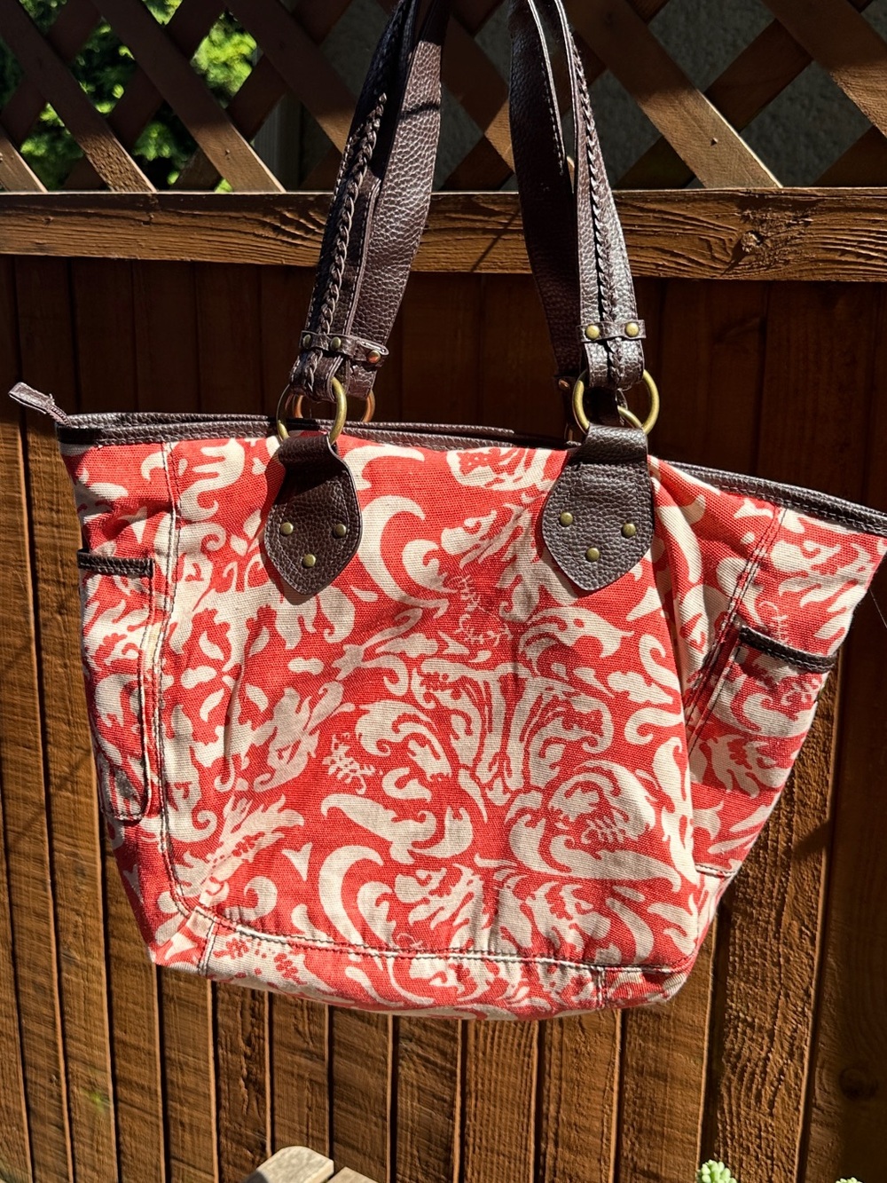 Red and Cream Patterned Canvas Tote with Brown Trim